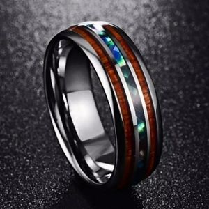 TUNGSTEN HAWAIIAN KOA WOOD BLUE ABALONE RING